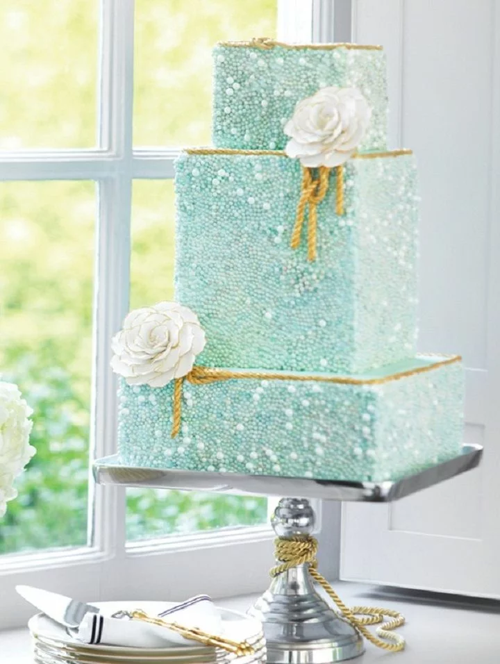 Gold-Brushed Turquoise Wedding Cake